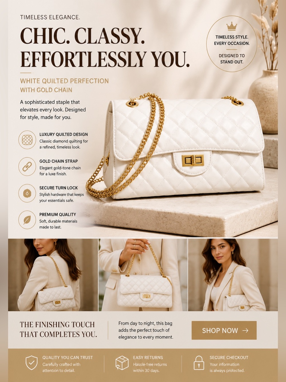 Chic White Quilted Shoulder Bag with Gold Chain